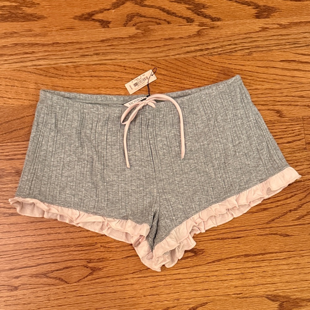 Victoria Secret Gray Knit Sleep Shorts With Pink Ruffles